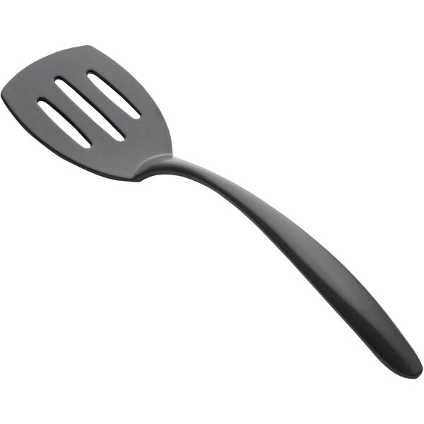 A black Bon Chef slotted serving turner with a long handle.