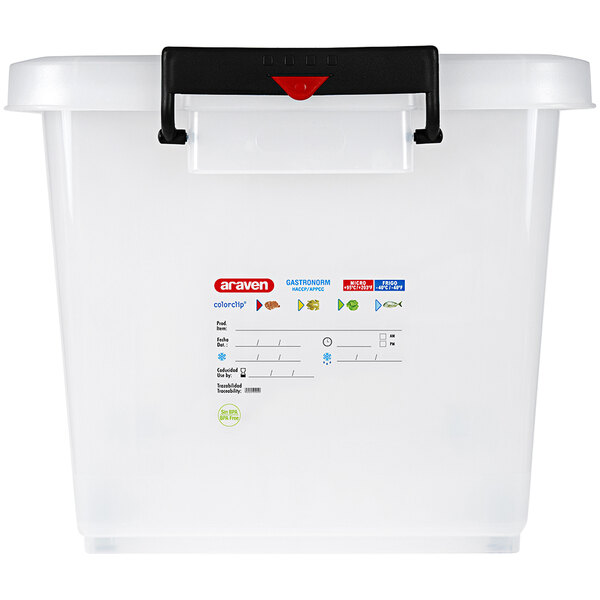 An Araven white translucent plastic food box with a black handle.