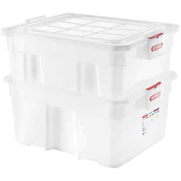 A stack of two white Araven plastic storage boxes with red lids.