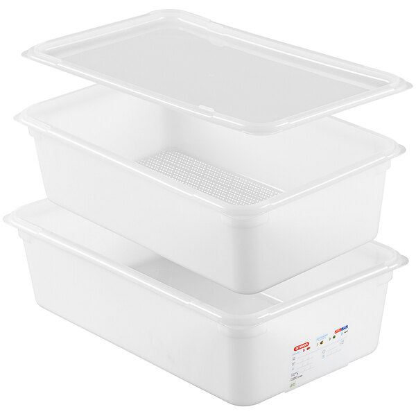 A stack of Araven white plastic food storage containers with lids.