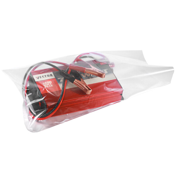 A close-up of a Lavex clear plastic bag with red and black cables inside.