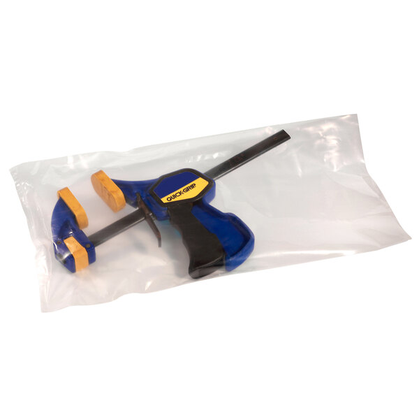 A Lavex clear plastic bag containing a blue and yellow tool.