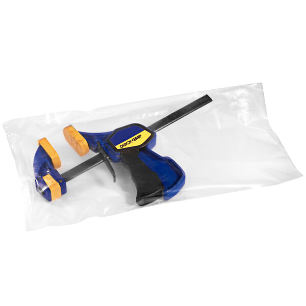 A Lavex clear poly bag holding a blue and yellow tool.