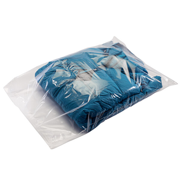 A Lavex clear poly bag containing blue clothes.