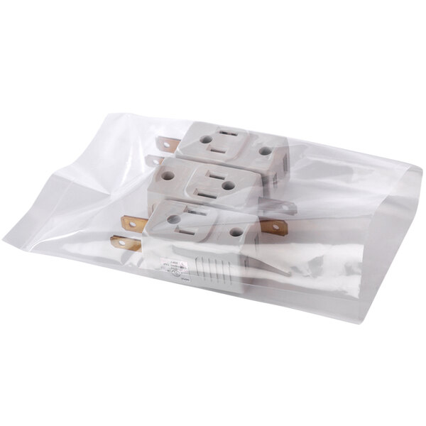 A clear plastic Lavex poly bag with electrical plugs inside.