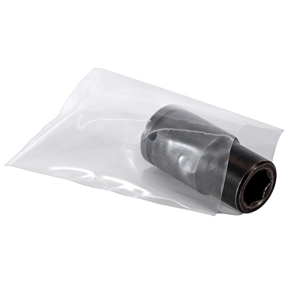 A Lavex clear poly bag containing a black object.