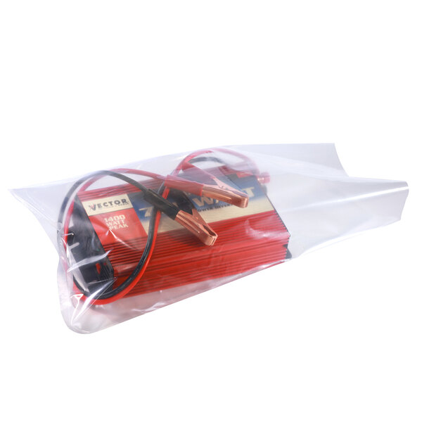A clear plastic Lavex poly bag containing red and black cables.