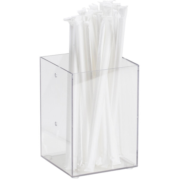 A Cal-Mil clear plastic container with straws in it.