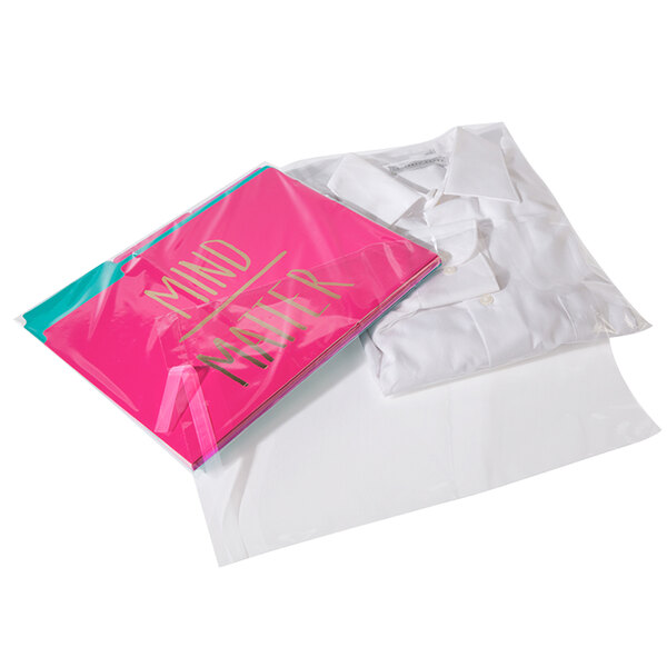 A white shirt in a clear polypropylene bag with a pink resealable strip.