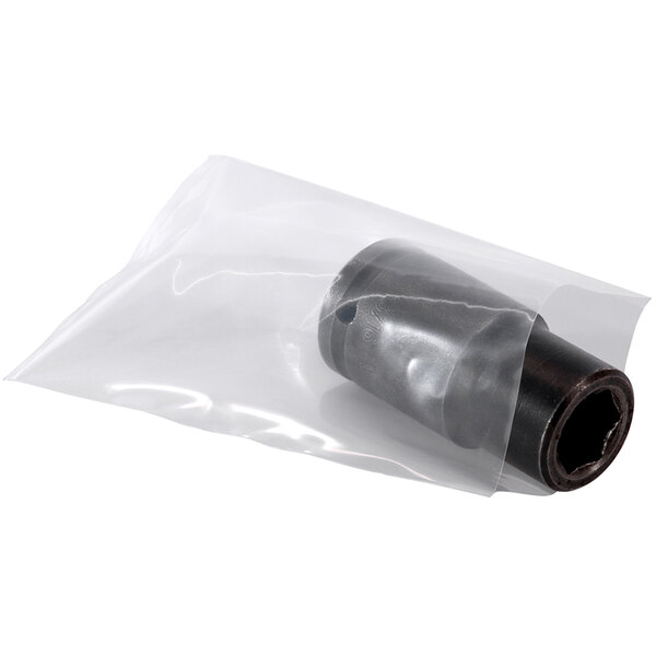 A clear Lavex poly bag with a black object inside.