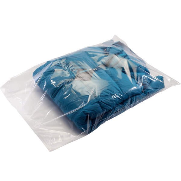 A Lavex clear poly bag with blue clothes inside.
