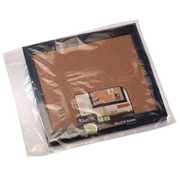 A clear plastic bag containing a cork board.
