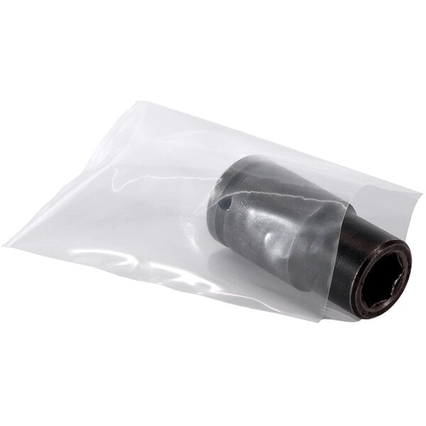 A Lavex clear poly bag with a black object inside.
