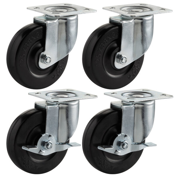 A set of 4 black Main Street Equipment plate casters with silver hardware.