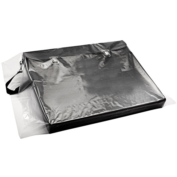 A clear poly bag with metal clasps.