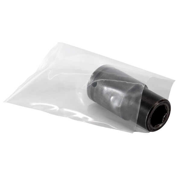 A Lavex clear poly bag wrapped around a black cylinder.