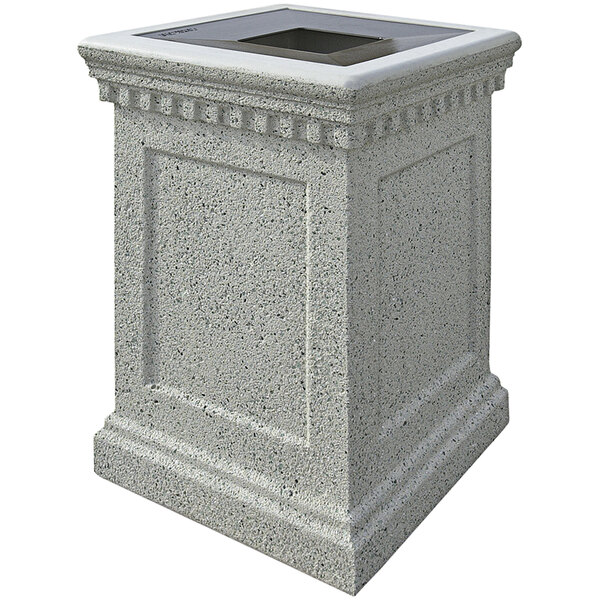 A Wausau Tile concrete square trash receptacle with an aluminum lid.