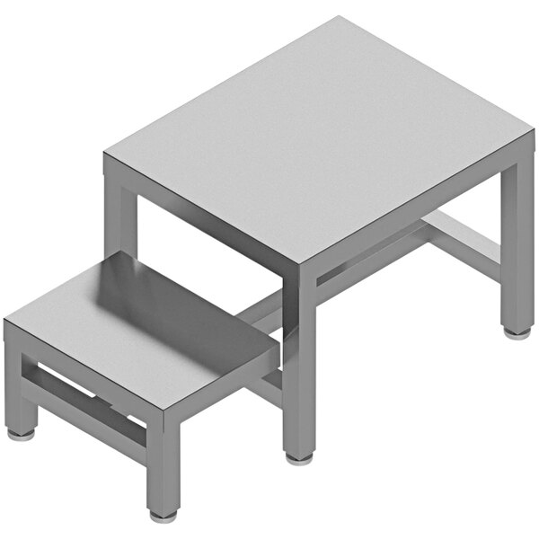 A BenchPro stainless steel gowning bench with a lower step.