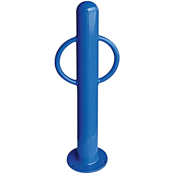 A blue metal Wausau Tile bike rack pole with two rings and handles.