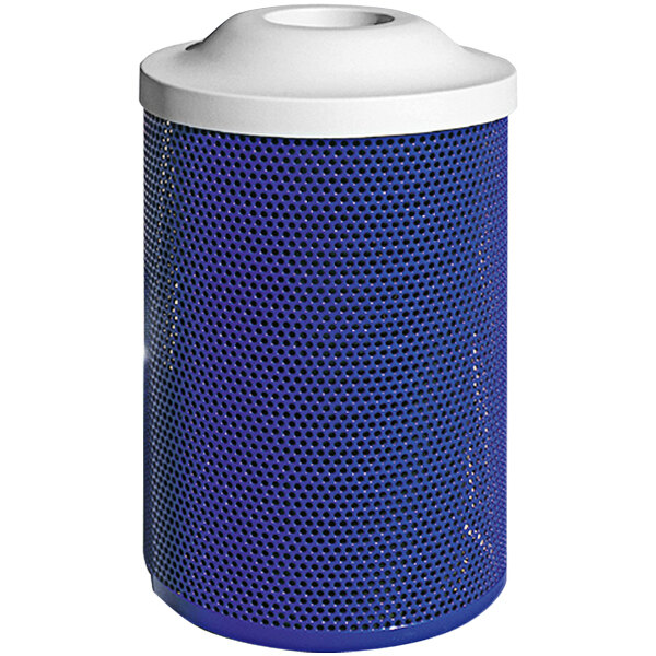 A blue Wausau Tile steel trash can with a white plastic lid.