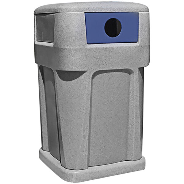 A grey Wausau Tile square trash can with a blue square push door lid.