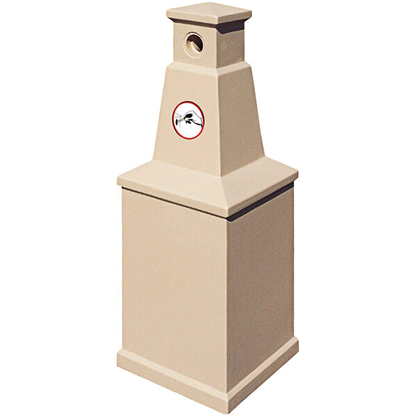A square beige concrete cigarette ash receptacle with a red and white Wausau Tile logo.