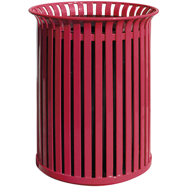 A red Wausau Tile flat steel round trash receptacle with black stripes and a black aluminum funnel lid.