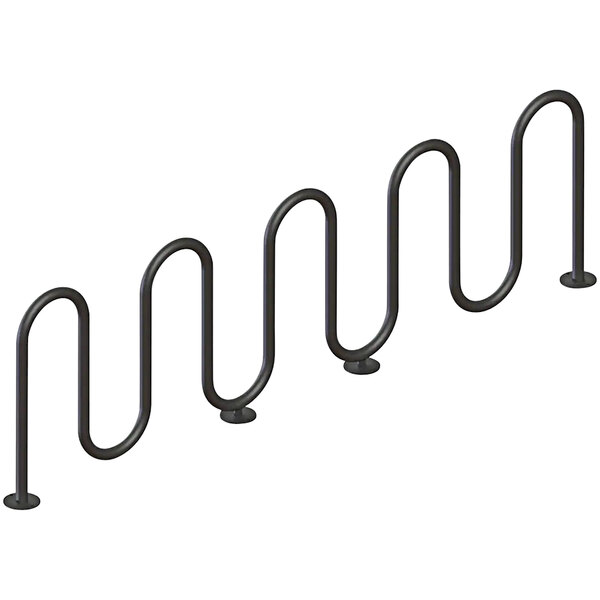 A black metal Wausau Tile surface mount bike rack with a curved design and 9 loops.