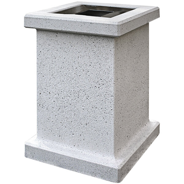 A white square concrete trash receptacle with a square aluminum top.