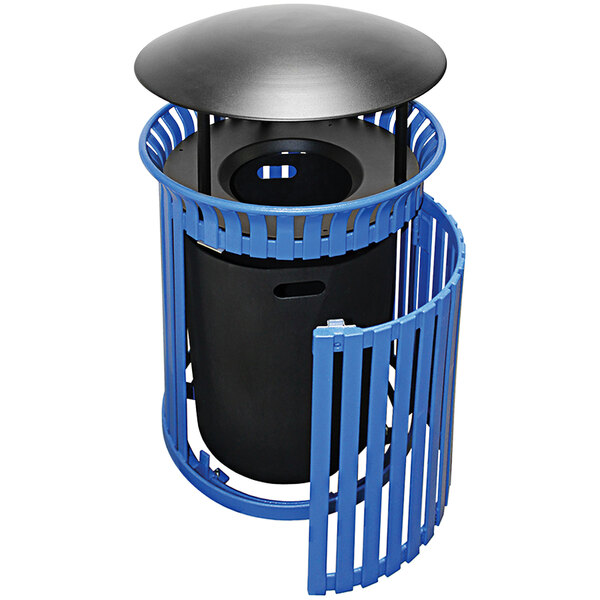 A blue Wausau Tile flat steel round trash receptacle with a black aluminum rain hood and side door.