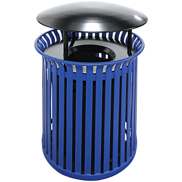 A blue steel Wausau Tile trash receptacle with a black aluminum funnel lid.