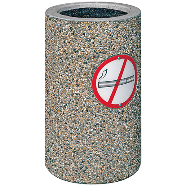 A Wausau Tile round concrete ash receptacle with no smoking logo inside a bowl.