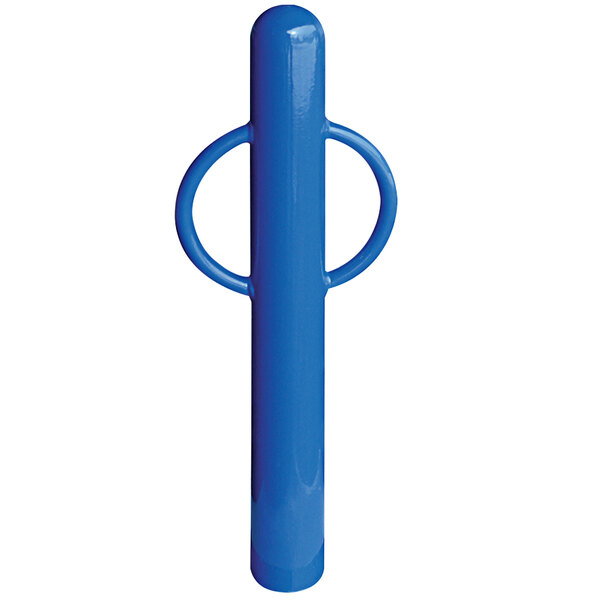 A blue metal pole with two rings.