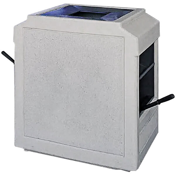 A white rectangular Wausau Tile concrete trash receptacle with black panels and handles.