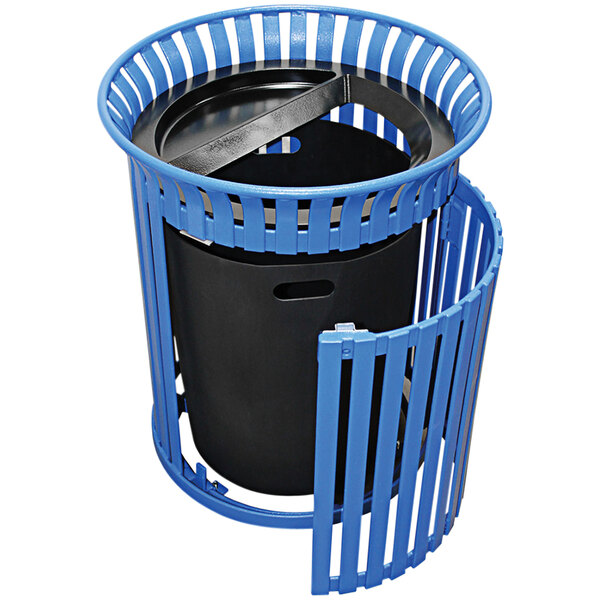 A blue Wausau Tile outdoor trash receptacle with a lid and side door.