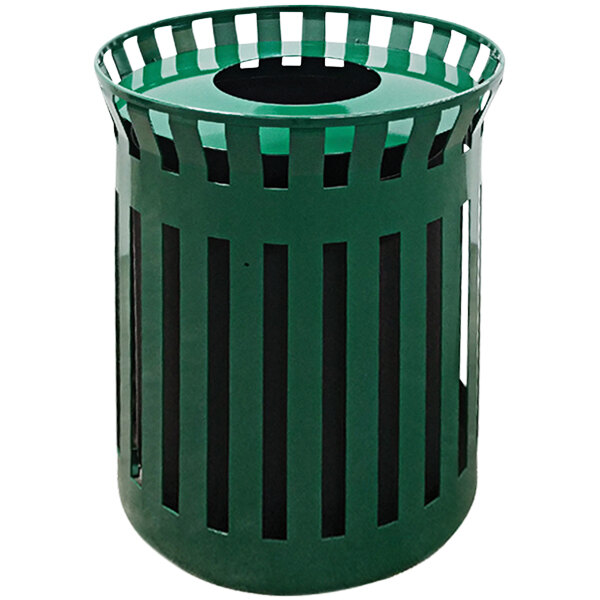A green Wausau Tile flat steel round trash receptacle with an aluminum funnel lid.