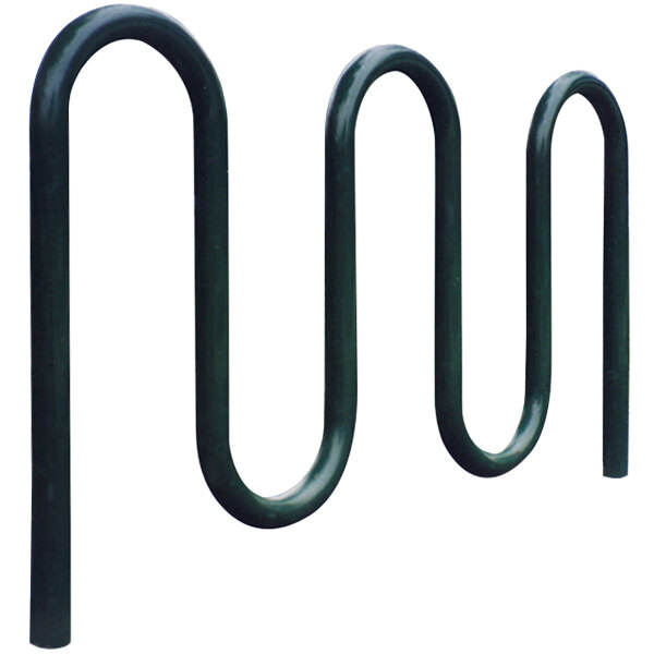A black metal Wausau Tile bike rack with curved ends.