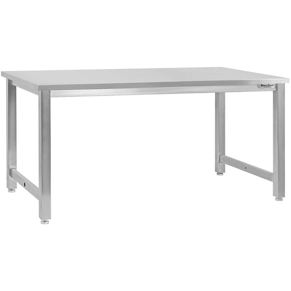 A silver rectangular BenchPro stainless steel workbench with legs.