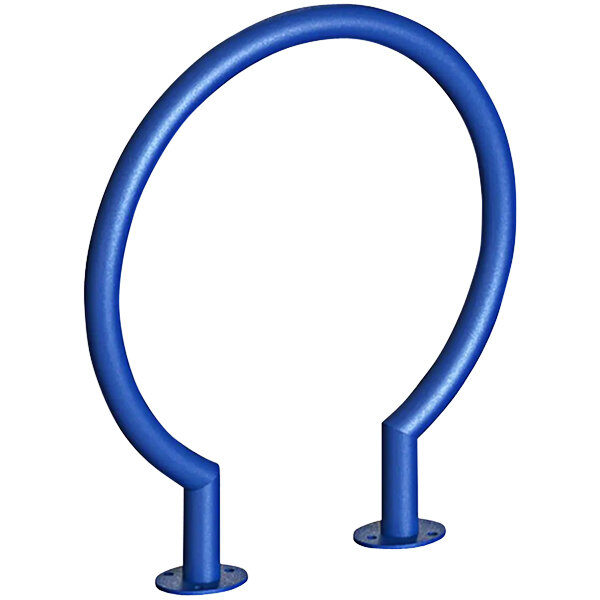 A blue metal circular bike rack with two holes.