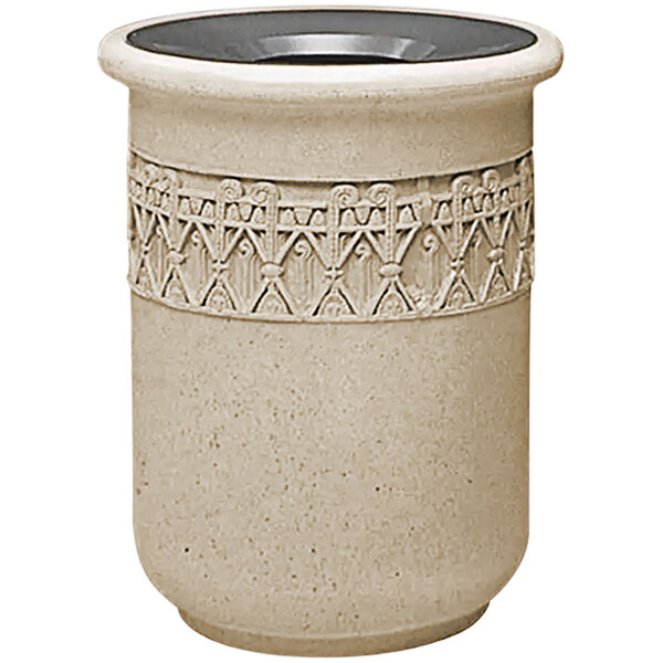 A beige Wausau Tile decorative concrete trash can with aluminum funnel lid.