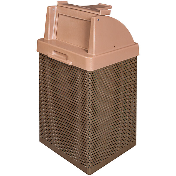 A brown Wausau Tile steel trash receptacle with a plastic lid.