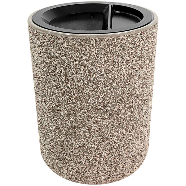 A Wausau Tile concrete round trash receptacle in beige and black with an aluminum ash top.