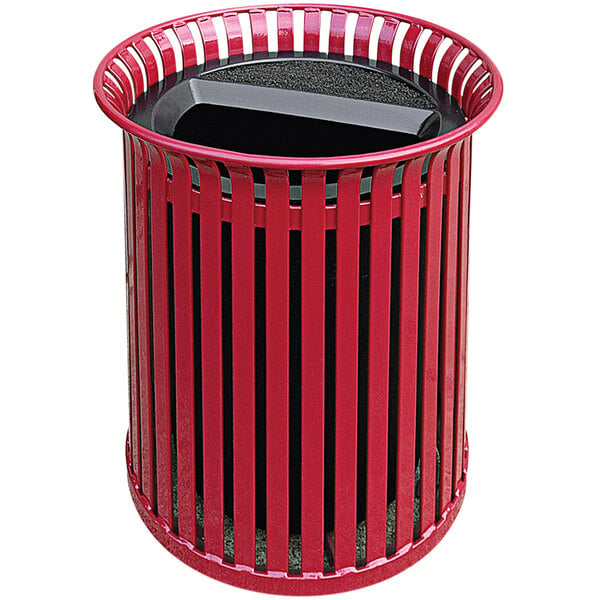 A red metal Wausau Tile outdoor trash receptacle with a black aluminum ash lid.