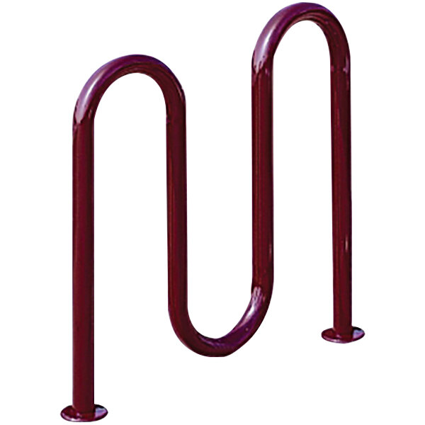 A red Wausau Tile surface mount metal bike rack with 3 loops.