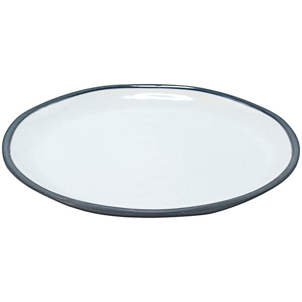 A white plate with a blue rim.