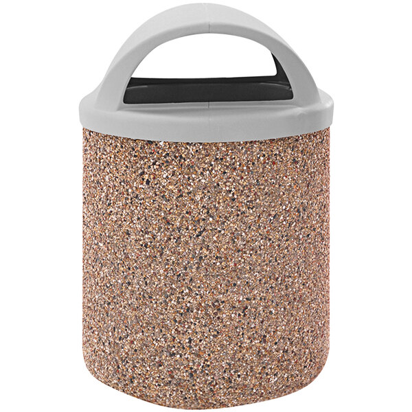 A Wausau Tile concrete outdoor trash can with a plastic dome lid.
