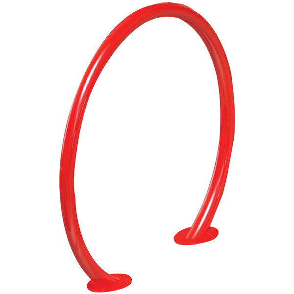 A red circular Wausau Tile bike rack with two holes on a white background.
