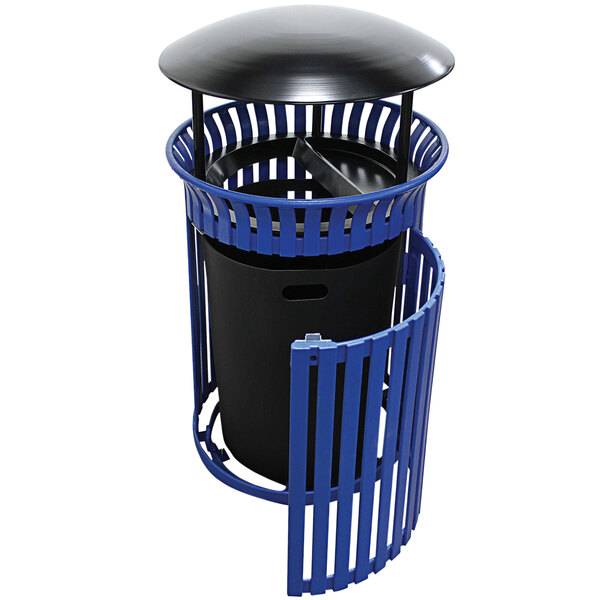 A blue Wausau Tile outdoor trash can with a black lid and blue top.