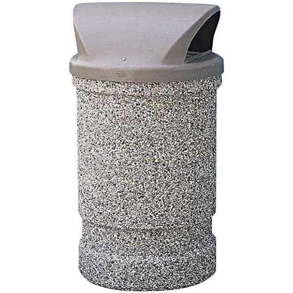 A Wausau Tile round concrete trash receptacle with a plastic dome lid.