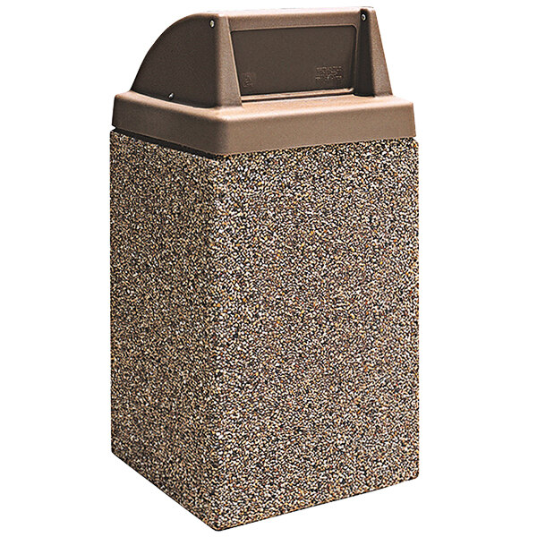 A close-up of a brown Wausau Tile concrete trash can with steel and plastic doors.